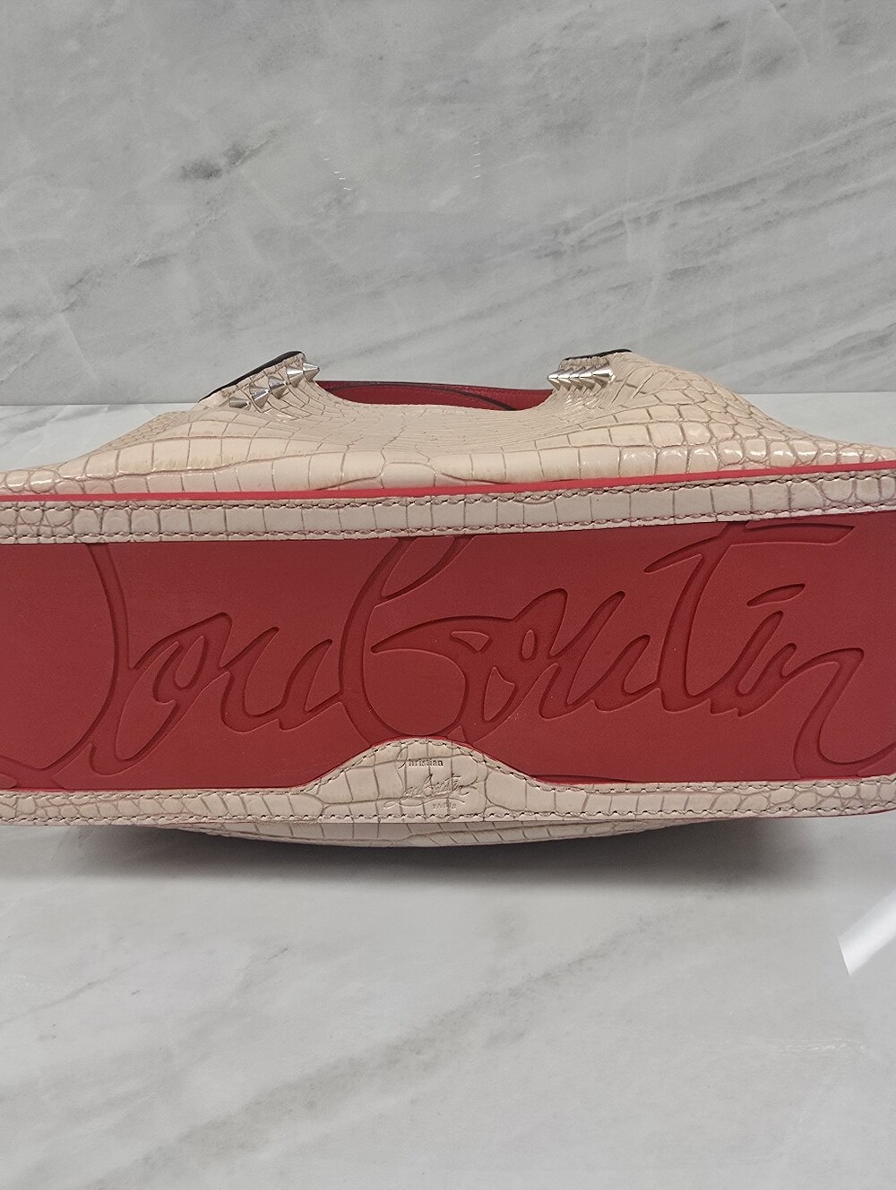 Christian Louboutin Cabarock Beige Croc-Embossed Tote with Red Trim - NWOT - Picture 6 of 10